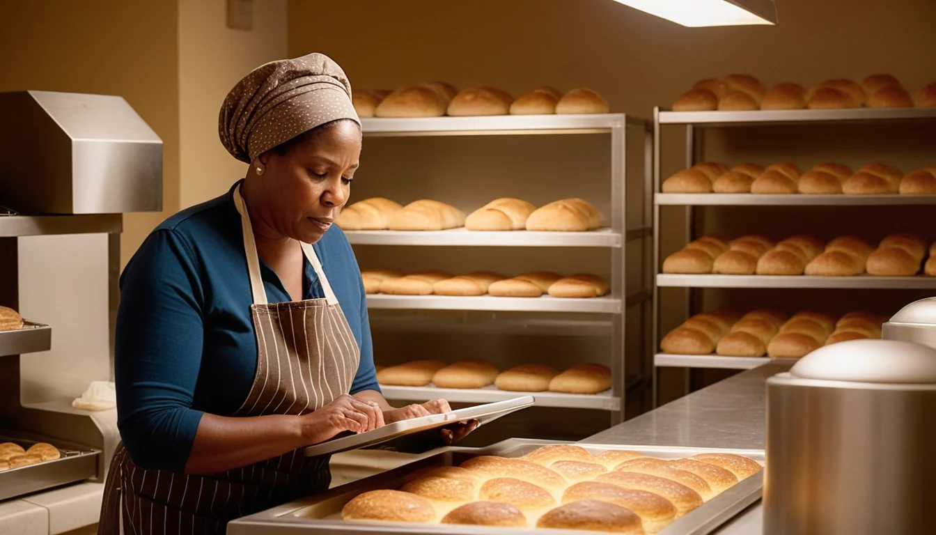Bakery owner working late at night checking her tablet