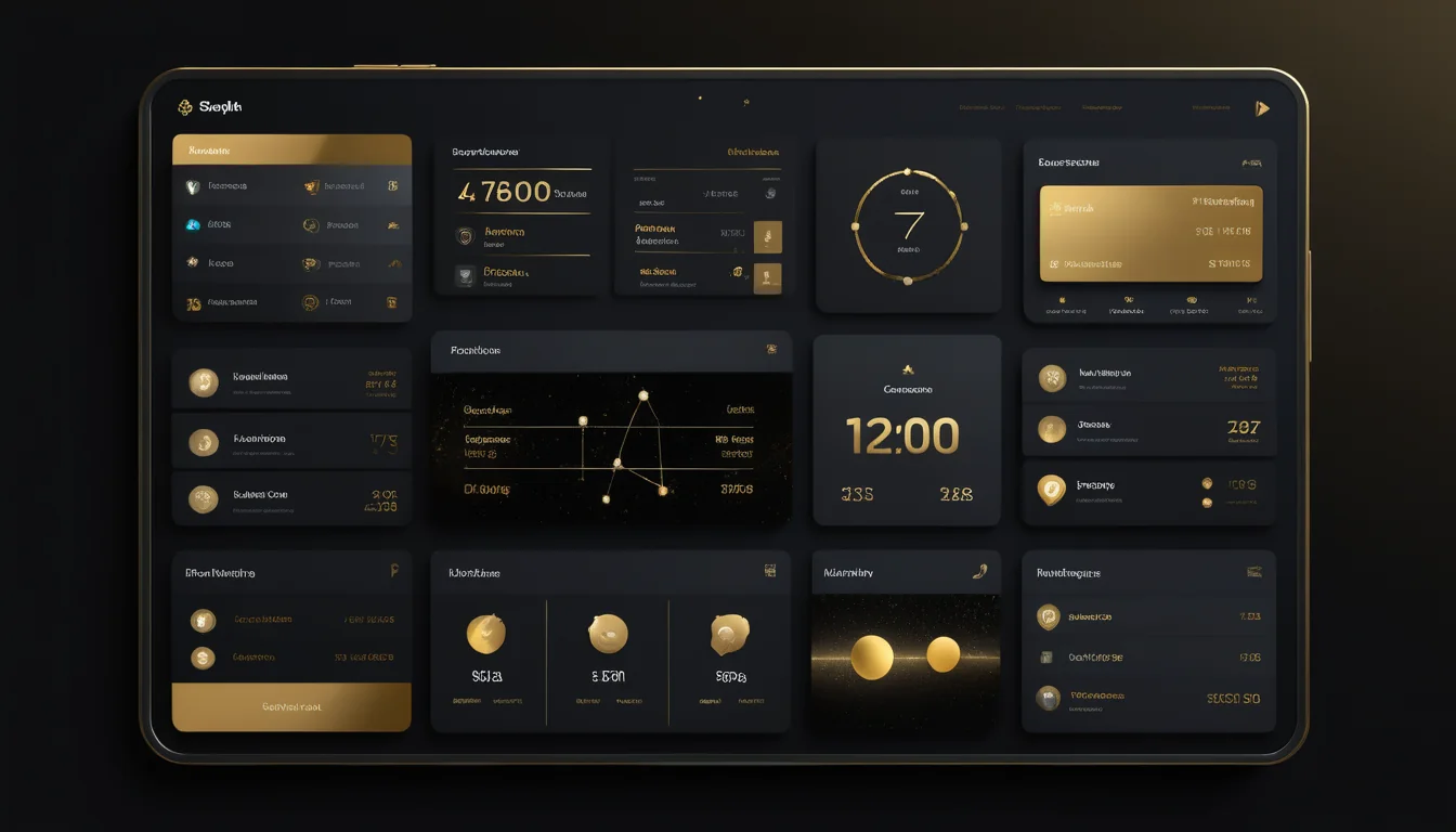 Concept render of the My Pixie Suite Realm dashboard in gold and obsidian